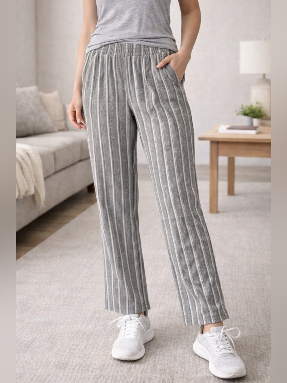 Hot Kiss Striped Relaxed Fit Slacks | Gray Lounge Pants | Elastic Waist | Size 5